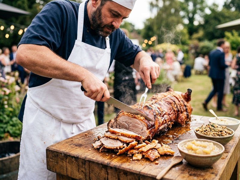 Chef carving traditional hog roast pig on a spit catering Ireland