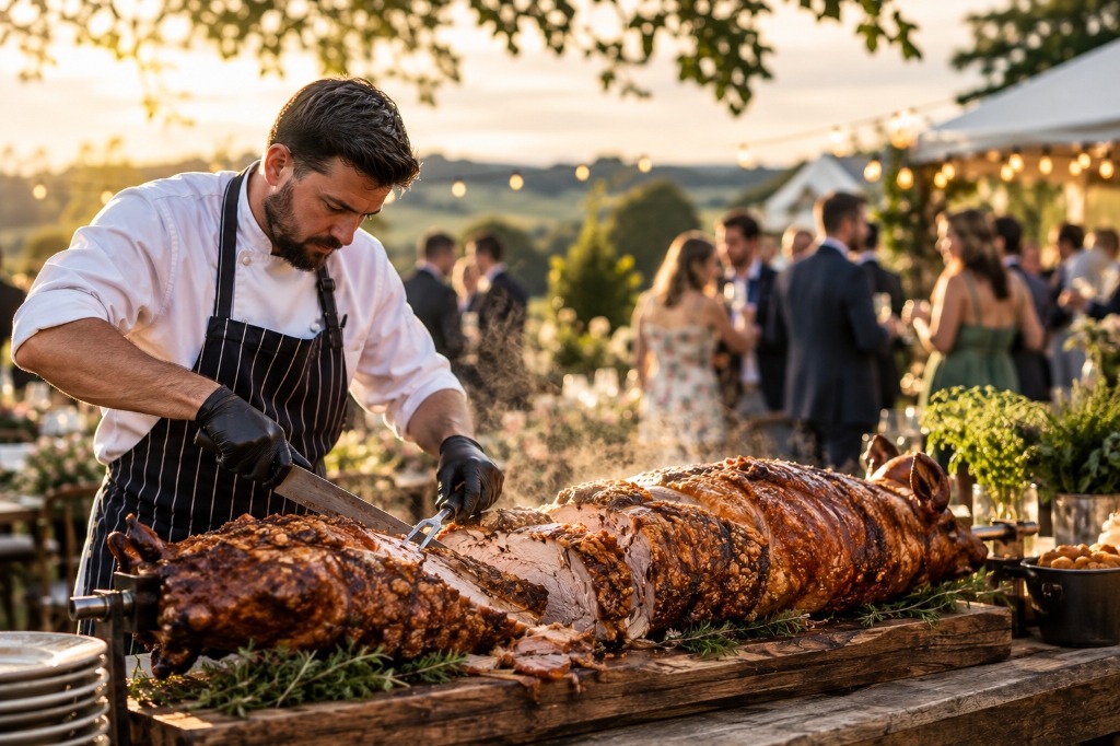 Traditional pig on a spit carving by chef
