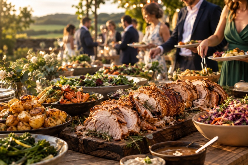 Traditional hog roast buffet feast with roasted pork and sides